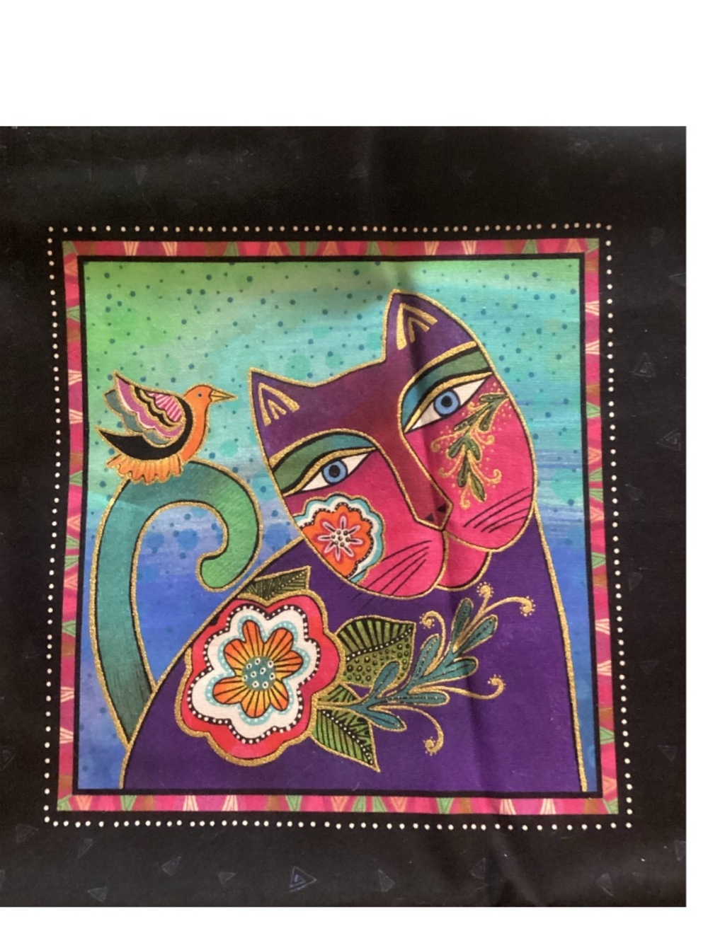 Laurel Burch Fantasticats Fabric Panel - Cat and Canary on Turquoise